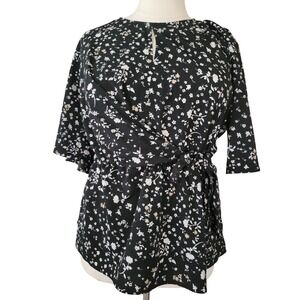 Lane Bryant Floral Wrap Tie Waist Blouse Womens 20 Black Excellent 3/4 Sleeve
